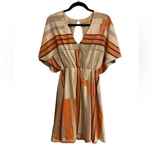 Alice + Olivia Orange Cream Carrie Bell Flounce Sleeve Geometric 95% Silk Dress